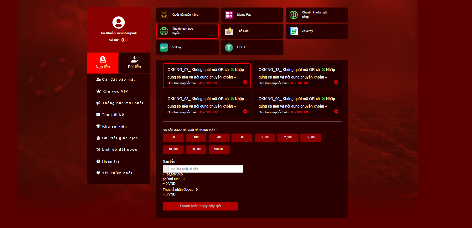 Hướng dẫn nạp tiền OKKING nhanh chóng, bảo mật tuyệt đối 2 Nạp tiền thông qua ngân hàng (Chuyển khoản, quét mã QR)